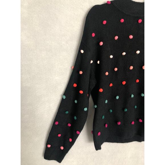 CeCe Pom Pom Sweater Women's Size Large Ribbed Trim Black NEW - Picture 4 of 6